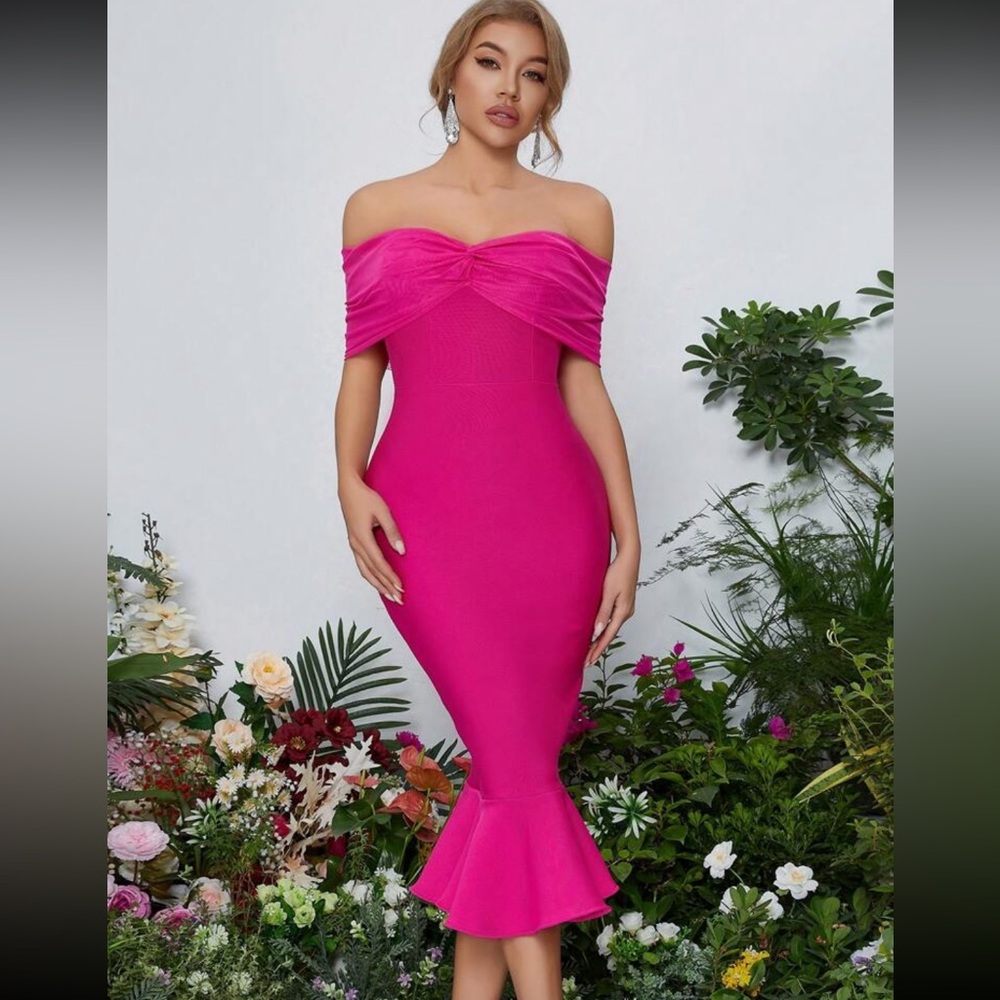 Women’s, hot pink, ADYCE, off shoulder, mesh twist front, fish tail hem dress